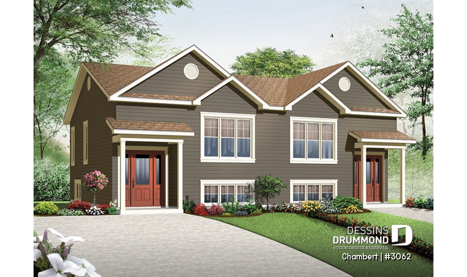 Vue avant - MODÈLE DE BASE - Maison jumelée de style champêtre rustique, option 2 ou 3 chambres, salle d'eau au r-d-c - Chambert