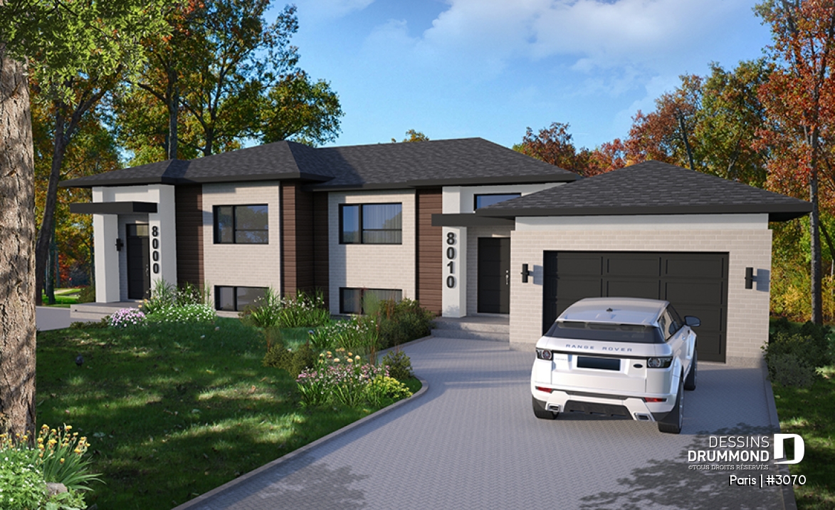Vue avant - MODÈLE DE BASE - Plan de jumelée contemporain, 1 à 3 chambres, 2 sdb, sous-sol aménagé optionnel ($), garage d'un côté - Paris