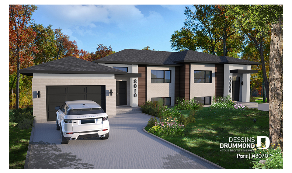 Vue avant - MODÈLE DE BASE - Plan de jumelée contemporain, 1 à 3 chambres, 2 sdb, sous-sol aménagé optionnel ($), garage d'un côté - Paris