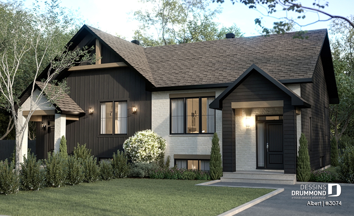 Vue avant - MODÈLE DE BASE - Plan de maisons jumelées proposant deux aménagements différents au rez-de-chaussée et total de 3 chambres - Albert