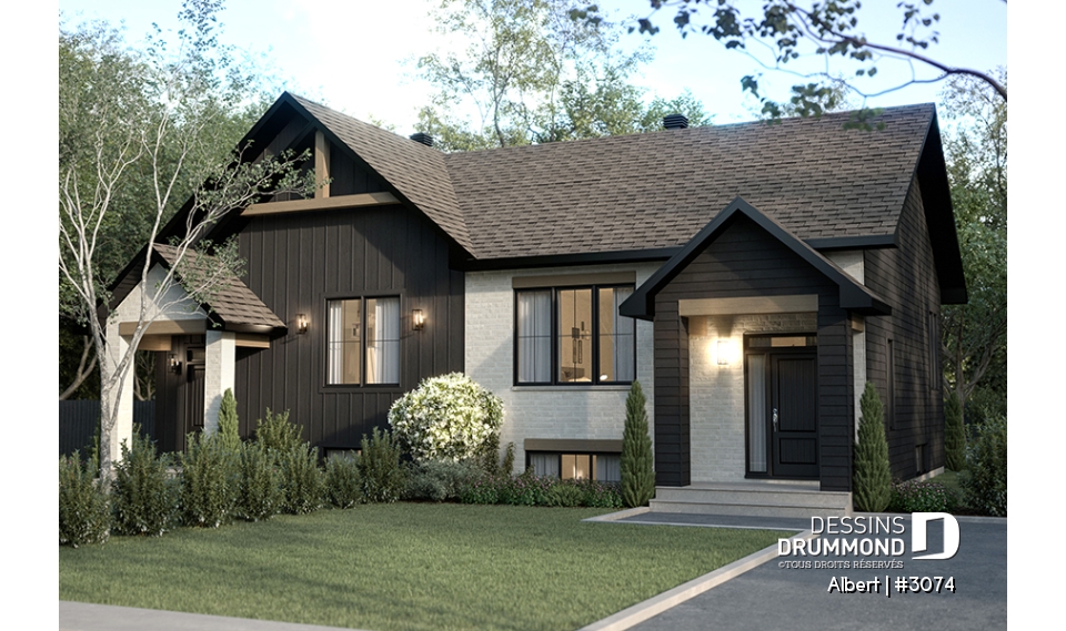 Vue avant - MODÈLE DE BASE - Plan de maisons jumelées proposant deux aménagements différents au rez-de-chaussée et total de 3 chambres - Albert