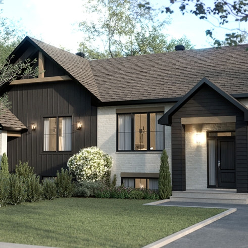 Vue avant - MODÈLE DE BASE - Plan de maisons jumelées proposant deux aménagements différents au rez-de-chaussée et total de 3 chambres - Albert