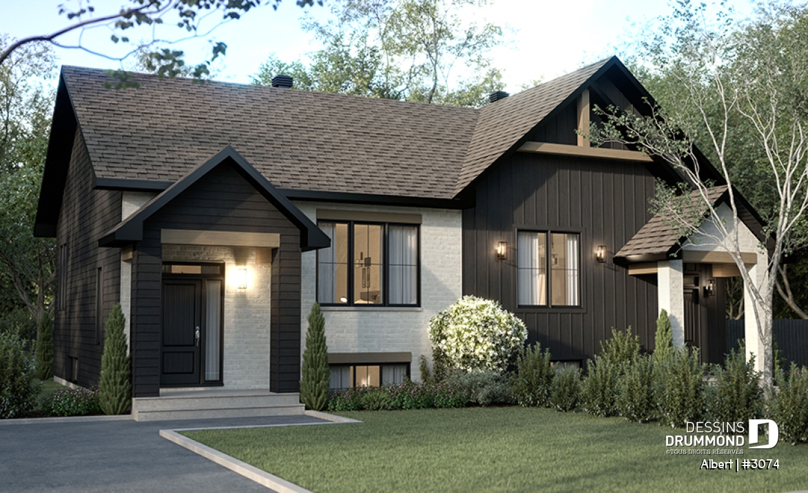Vue avant - MODÈLE DE BASE - Plan de maisons jumelées proposant deux aménagements différents au rez-de-chaussée et total de 3 chambres - Albert