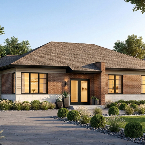 Vue avant - MODÈLE DE BASE - Plain-pied moderne 3 chambres au même niveau, laveuse/sécheuse au rez-de-chaussée, grande cuisine - Lotus 2