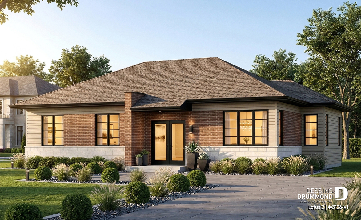 Vue avant - MODÈLE DE BASE - Plain-pied moderne 3 chambres au même niveau, laveuse/sécheuse au rez-de-chaussée, grande cuisine - Lotus 2