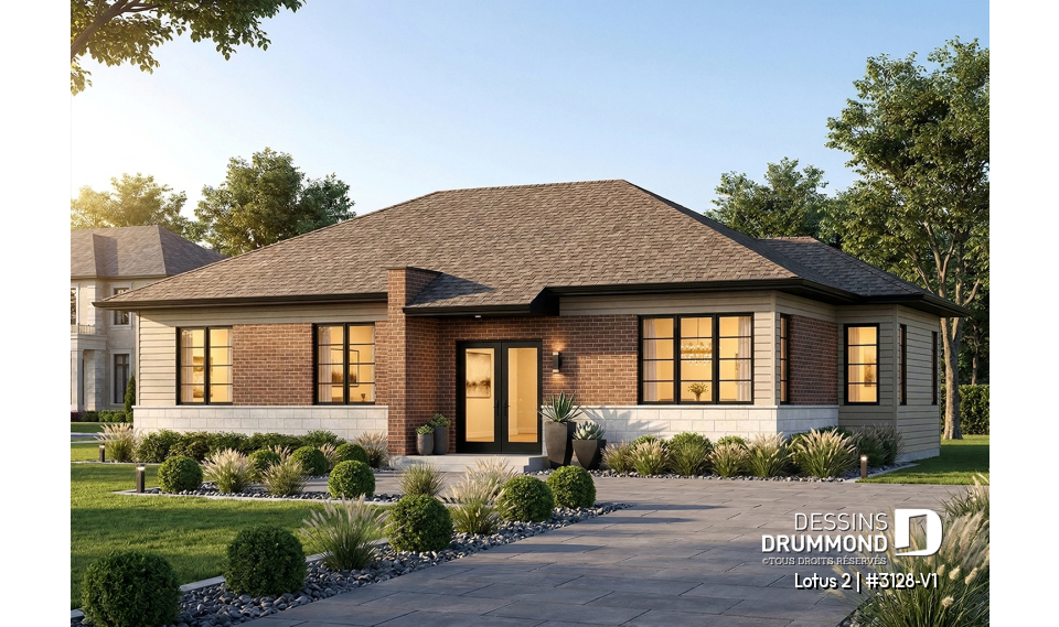 Vue avant - MODÈLE DE BASE - Plain-pied moderne 3 chambres au même niveau, laveuse/sécheuse au rez-de-chaussée, grande cuisine - Lotus 2