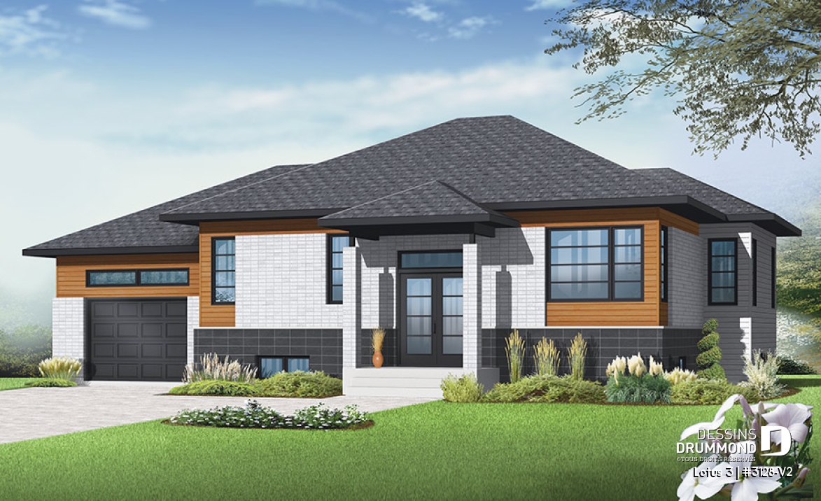Vue avant - MODÈLE DE BASE - Plan de maison contemporaine split level, 2 chambres, garage, laveuse/sécheuse au rez-de-chaussée - Lotus 3
