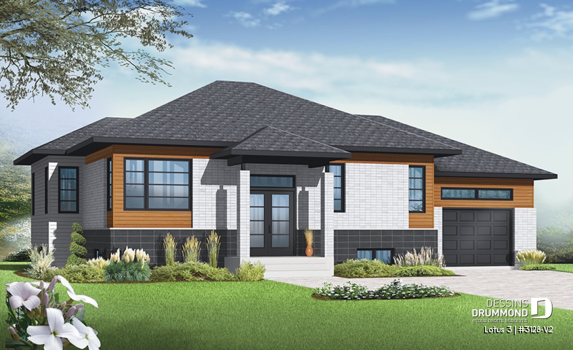 Vue avant - MODÈLE DE BASE - Plan de maison contemporaine split level, 2 chambres, garage, laveuse/sécheuse au rez-de-chaussée - Lotus 3