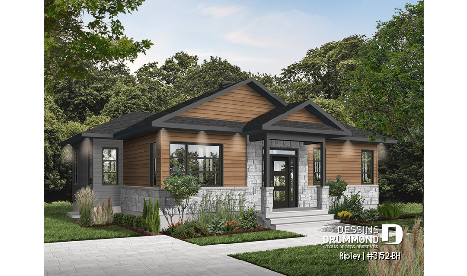 Vue avant - MODÈLE DE BASE - Plan de maison à entrée split, 2 chambres, style chaleureux rustique, grand îlot à la cuisine, luminosité - Ripley