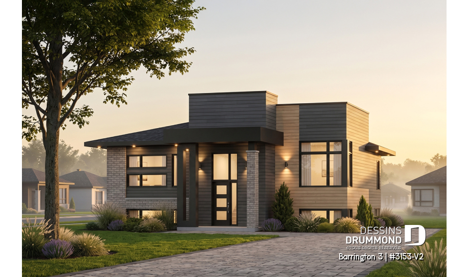 Vue avant - MODÈLE DE BASE - Plan maison moderne 2 chambres, superbe fenestration, plafond 10' au salon, grande salle de bain, îlot cuisine - Barrington 3