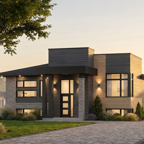 Vue avant - MODÈLE DE BASE - Plan maison moderne 2 chambres, superbe fenestration, plafond 10' au salon, grande salle de bain, îlot cuisine - Barrington 3