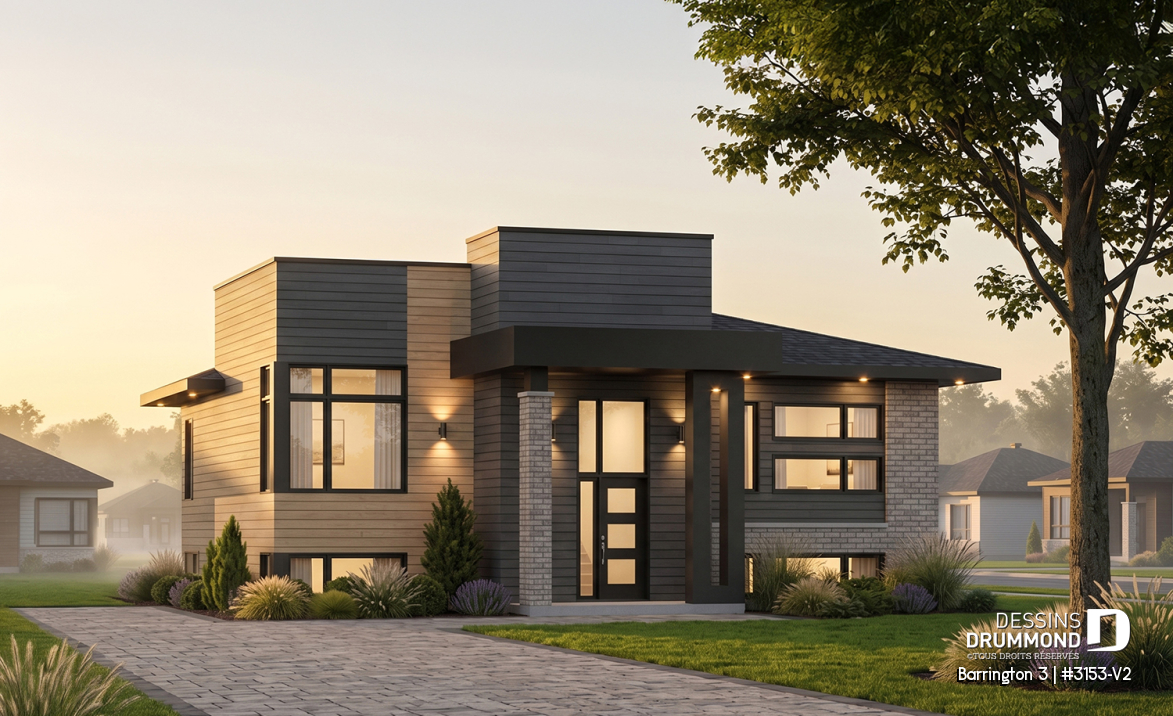 Vue avant - MODÈLE DE BASE - Plan maison moderne 2 chambres, superbe fenestration, plafond 10' au salon, grande salle de bain, îlot cuisine - Barrington 3