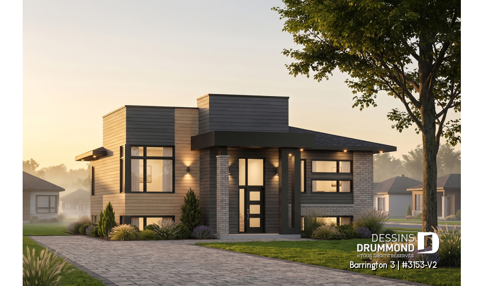 Vue avant - MODÈLE DE BASE - Plan maison moderne 2 chambres, superbe fenestration, plafond 10' au salon, grande salle de bain, îlot cuisine - Barrington 3