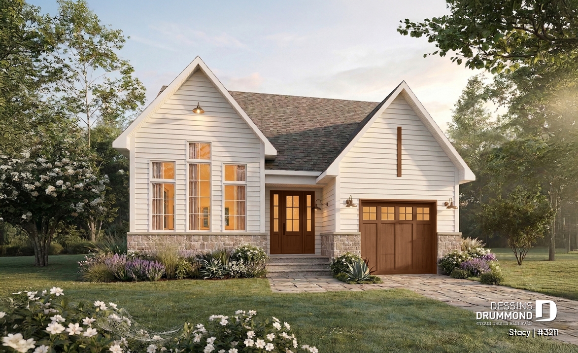 Vue avant - MODÈLE DE BASE - Plan de plain-pied avec garage et 2 chambres au rez-de-chaussée, sous-sol aménagé optionnel - Stacy