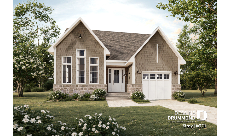 Vue avant - MODÈLE DE BASE - Modèle de maison plain-pied champêtre avec garage simple, plafond cathédral et aire ouverte lumineuse - Stacy