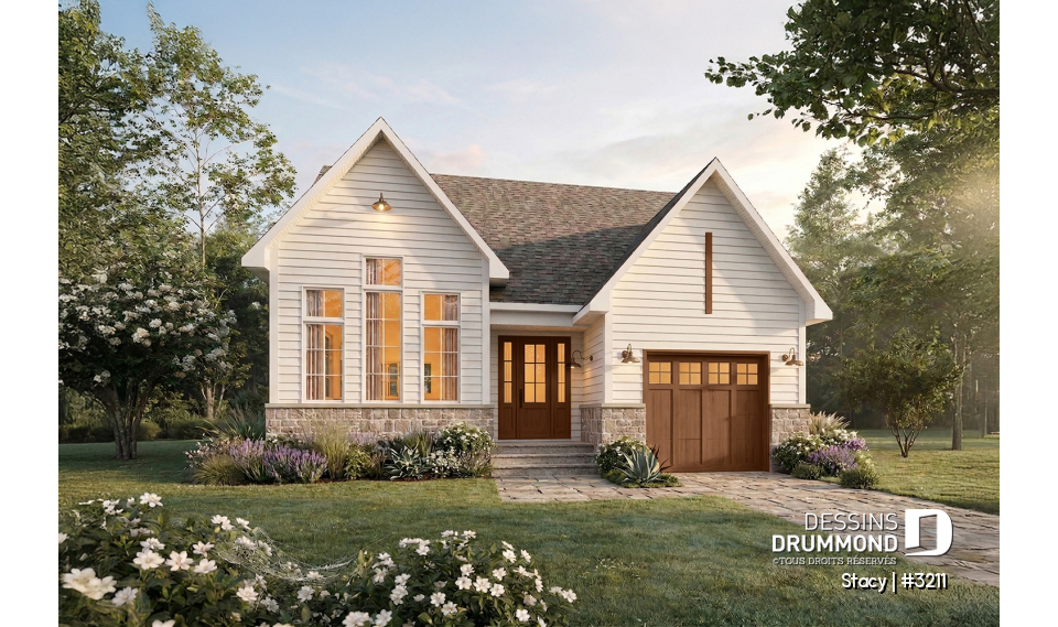 Vue avant - MODÈLE DE BASE - Plan de plain-pied avec garage et 2 chambres au rez-de-chaussée, sous-sol aménagé optionnel - Stacy