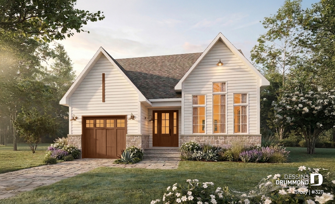 Vue avant - MODÈLE DE BASE - Plan de plain-pied avec garage et 2 chambres au rez-de-chaussée, sous-sol aménagé optionnel - Stacy