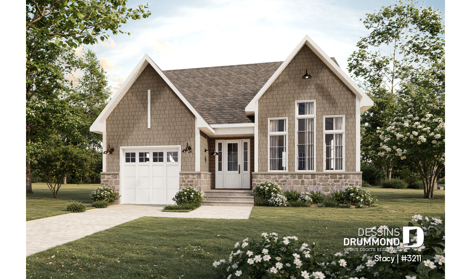 Vue avant - MODÈLE DE BASE - Modèle de maison plain-pied champêtre avec garage simple, plafond cathédral et aire ouverte lumineuse - Stacy