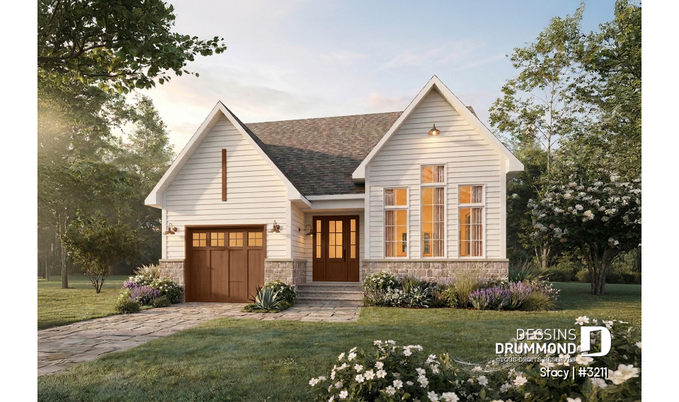 Vue avant - MODÈLE DE BASE - Plan de plain-pied avec garage et 2 chambres au rez-de-chaussée, sous-sol aménagé optionnel - Stacy