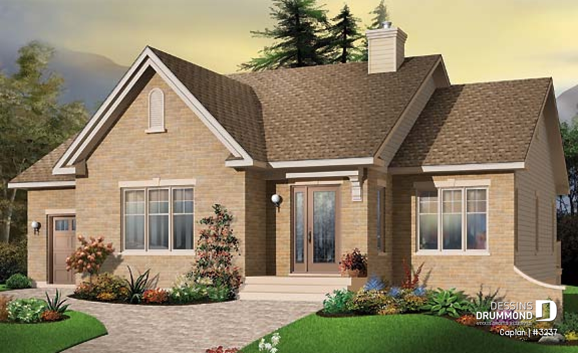 Vue avant - MODÈLE DE BASE - Plan de bungalow 2 chambres, garage, foyer, salle de séjour abaissée, vestibule fermé - Caplan