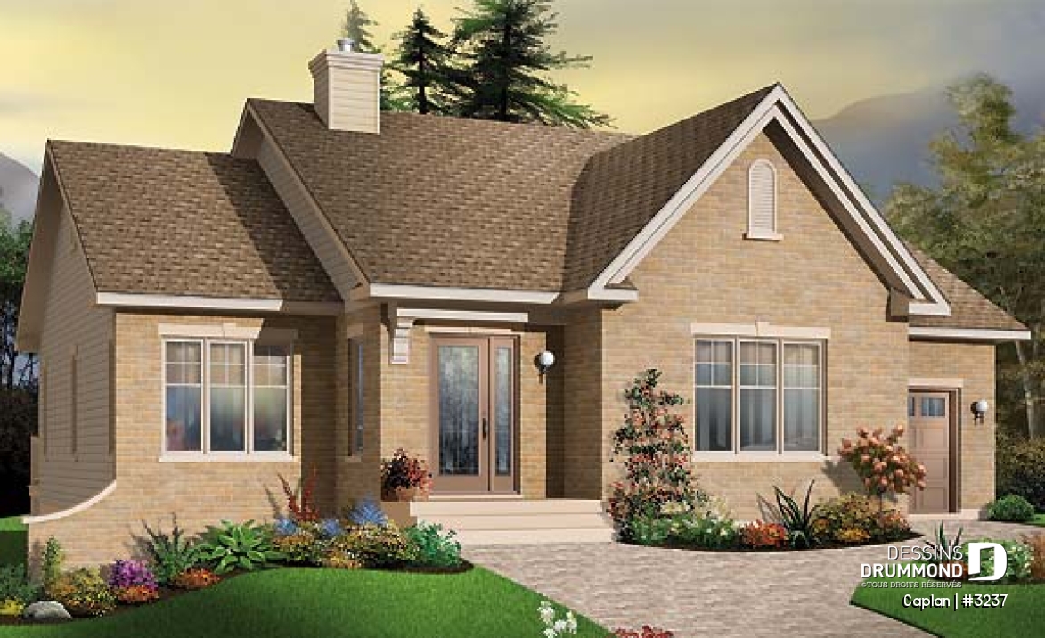 Vue avant - MODÈLE DE BASE - Plan de bungalow 2 chambres, garage, foyer, salle de séjour abaissée, vestibule fermé - Caplan