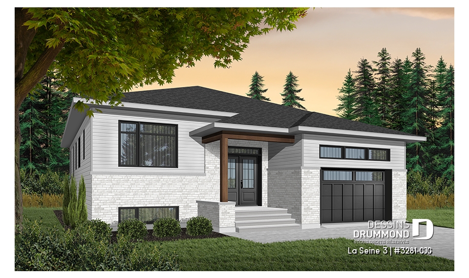 Version couleur no. 2 - Vue avant - Plan de maison moderne à entrée split avec garage 3 chambres, aire ouverte, foyer, îlot, garde-manger - La Seine 3