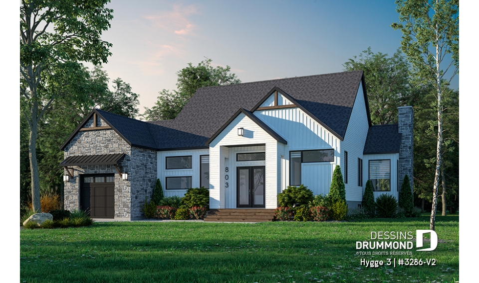 Vue avant - MODÈLE DE BASE - Maison scandinave 1686 pi² : 3 chambres, suite des maîtres, entrée split 11'9’’ et aire ouverte lumineuse - Hygge 3