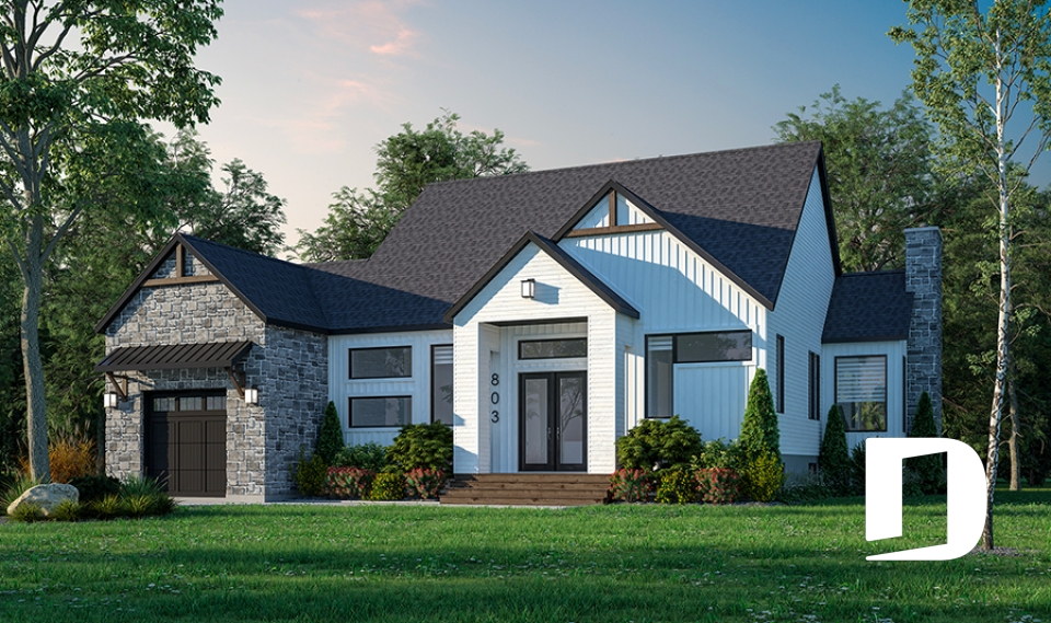 Vue avant - MODÈLE DE BASE - Maison scandinave 1686 pi² : 3 chambres, suite des maîtres, entrée split 11'9’’ et aire ouverte lumineuse - Hygge 3