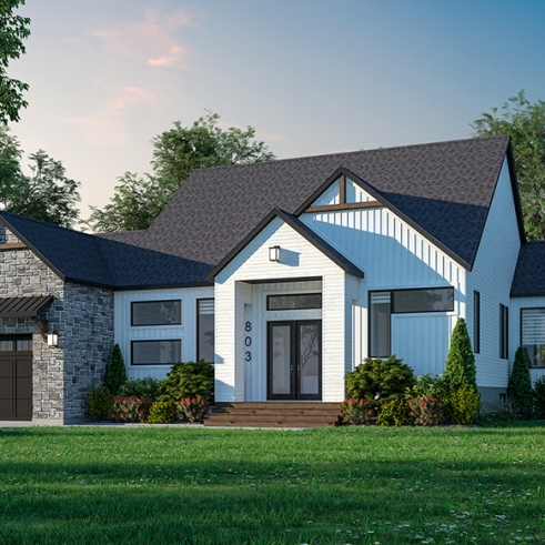 Vue avant - MODÈLE DE BASE - Maison scandinave 1686 pi² : 3 chambres, suite des maîtres, entrée split 11'9’’ et aire ouverte lumineuse - Hygge 3