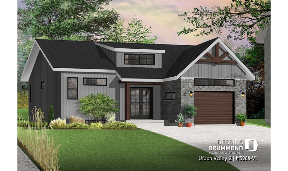 Version couleur no. 2 - Vue avant - Plan de plain-pied champêtre, 2 chambres, sous-sol aménageable, garage simple, bel espace salon / cuisine - Urban Valley 2