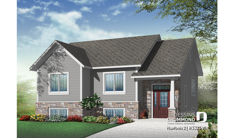 Vue avant - MODÈLE DE BASE - Plan de maison split level, aire ouverte, îlot à la cuisine, 2 chambres, grande salle de bain - Hautbois 2