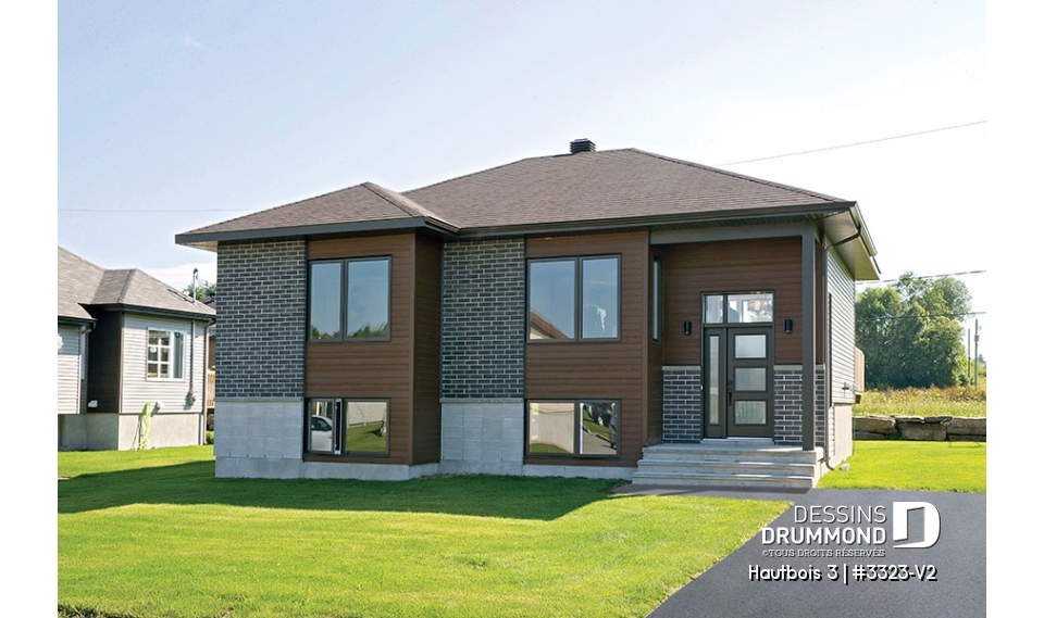 Vue avant - MODÈLE DE BASE - Plan de bungalow de type split-level contemporain, 2 chambres, aire ouverte, sous-sol aménageable,  - Hautbois 3