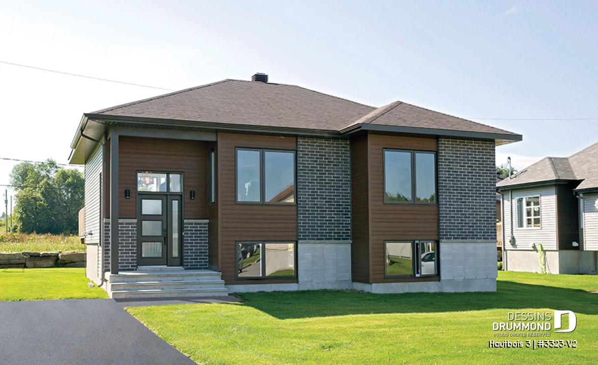 Vue avant - MODÈLE DE BASE - Plan de bungalow de type split-level contemporain, 2 chambres, aire ouverte, sous-sol aménageable,  - Hautbois 3