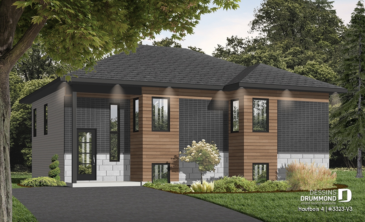 Vue avant - MODÈLE DE BASE - Plan Split-level contemporain, 2 chambres, grande salle de séjour, grand îlot à la cuisine, à aire ouverte - Hautbois 4