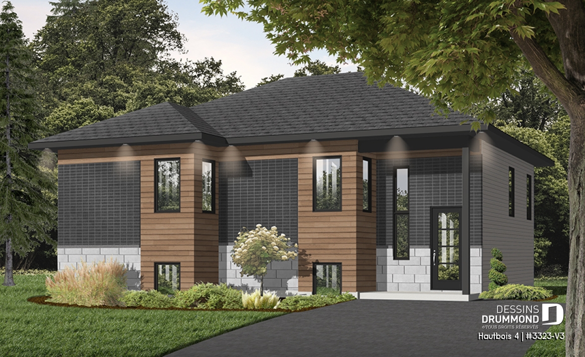 Vue avant - MODÈLE DE BASE - Plan Split-level contemporain, 2 chambres, grande salle de séjour, grand îlot à la cuisine, à aire ouverte - Hautbois 4