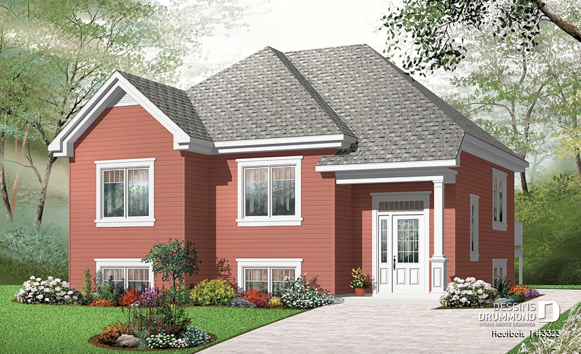 Vue avant - MODÈLE DE BASE - Plan de plain-pied budgétaire à entrée split, 2 chambres, îlot à la cuisine, belle lumière au sous-sol - Hautbois 