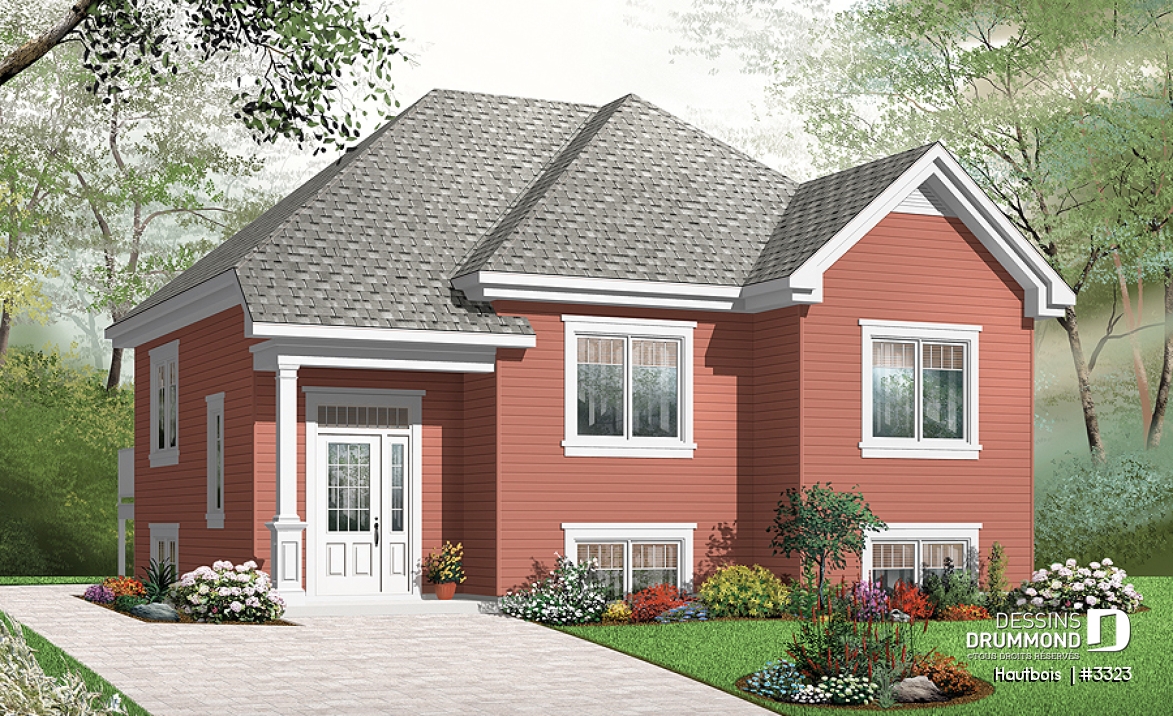 Vue avant - MODÈLE DE BASE - Plan de plain-pied budgétaire à entrée split, 2 chambres, îlot à la cuisine, belle lumière au sous-sol - Hautbois 