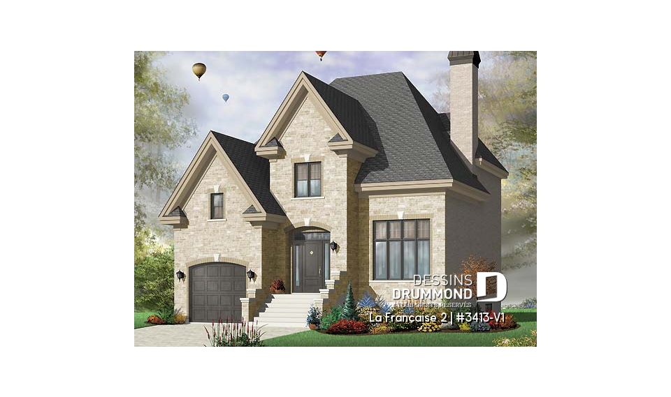 Vue avant - MODÈLE DE BASE - Modèle de maison de style européen, garage, 3 grandes chambres, mezzanine - La Française 2