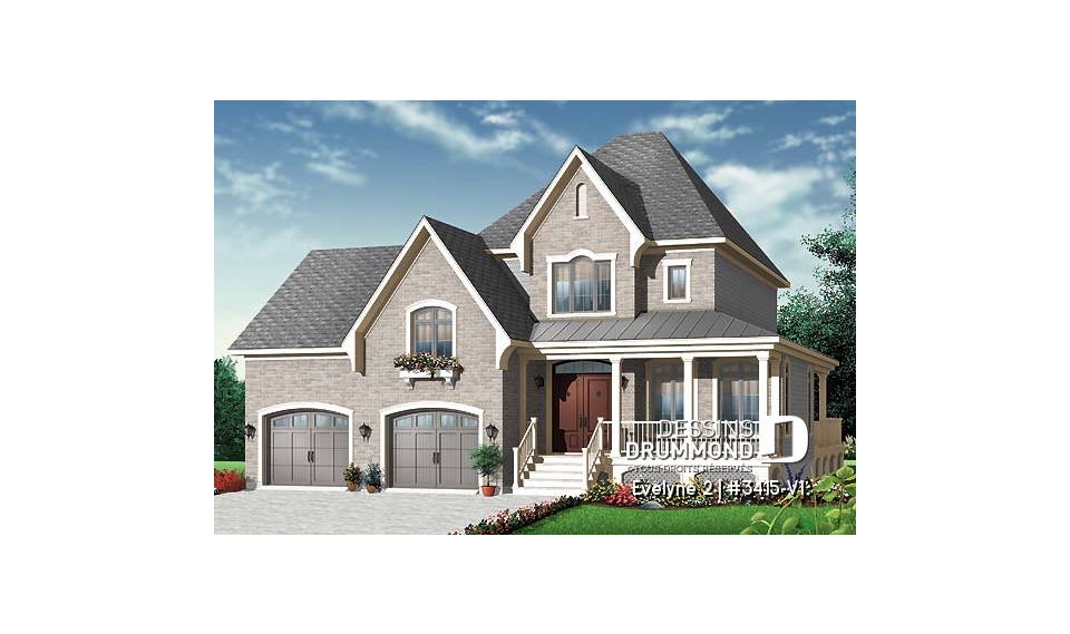 Vue avant - MODÈLE DE BASE - Maison style américain, 3 chambres remarquables, style champêtre, garage double, bureau, buanderie à l'étage - Evelyne 2