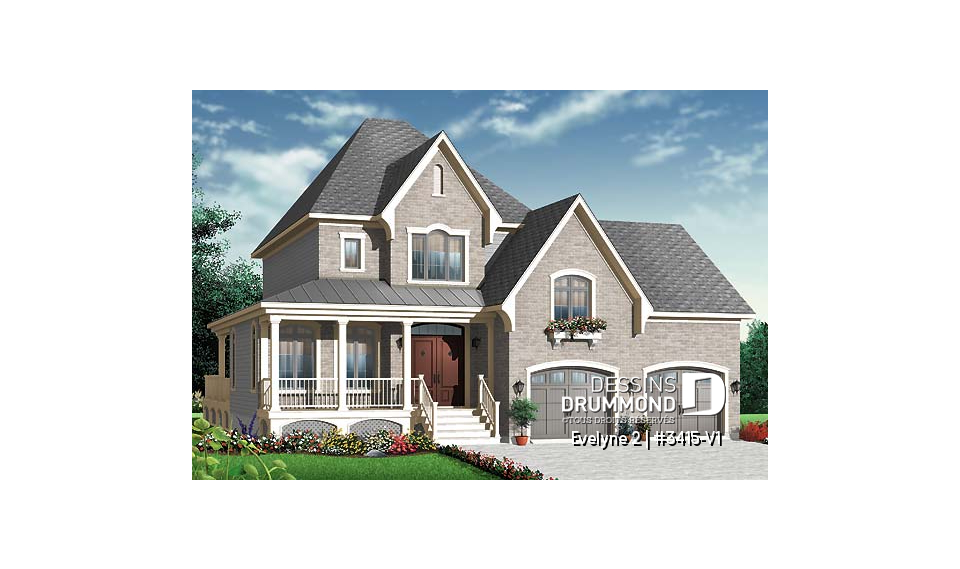 Vue avant - MODÈLE DE BASE - Maison style américain, 3 chambres remarquables, style champêtre, garage double, bureau, buanderie à l'étage - Evelyne 2