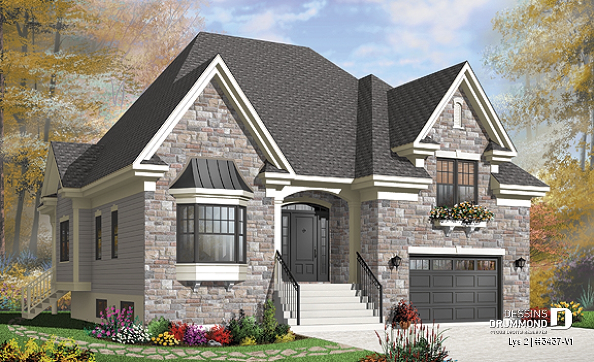 Vue avant - MODÈLE DE BASE - Style européen, terrasse extérieur, 3 grandes chambres, garage - Lys 2