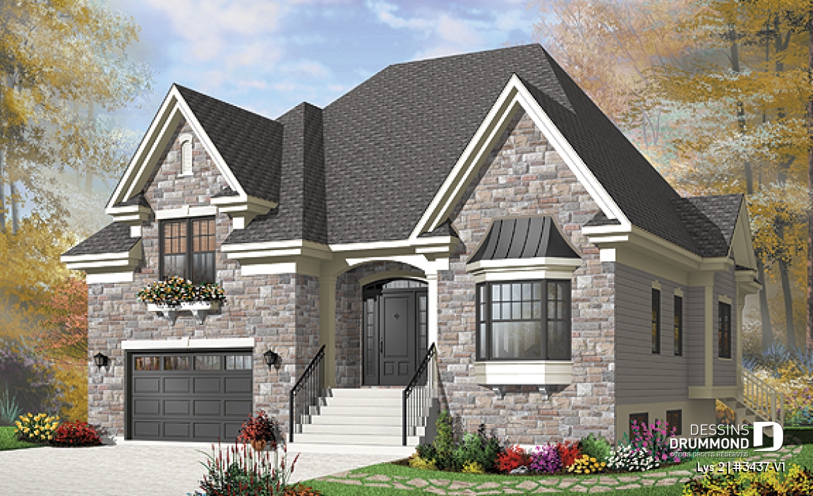 Vue avant - MODÈLE DE BASE - Style européen, terrasse extérieur, 3 grandes chambres, garage - Lys 2