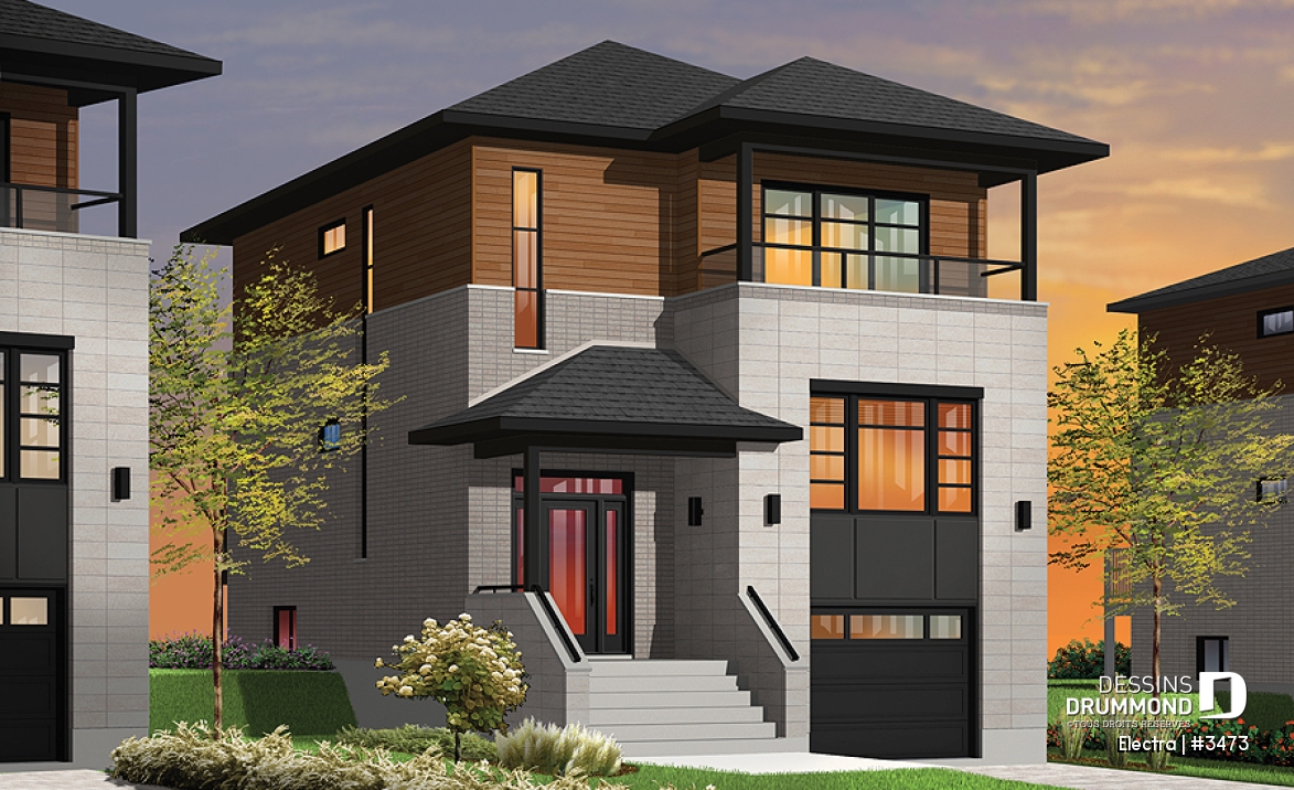 Vue avant - MODÈLE DE BASE - Plan maison de ville 3 chambres, garage, terrain étroit, 2 salles familiales, garde-manger, îlot - Electra