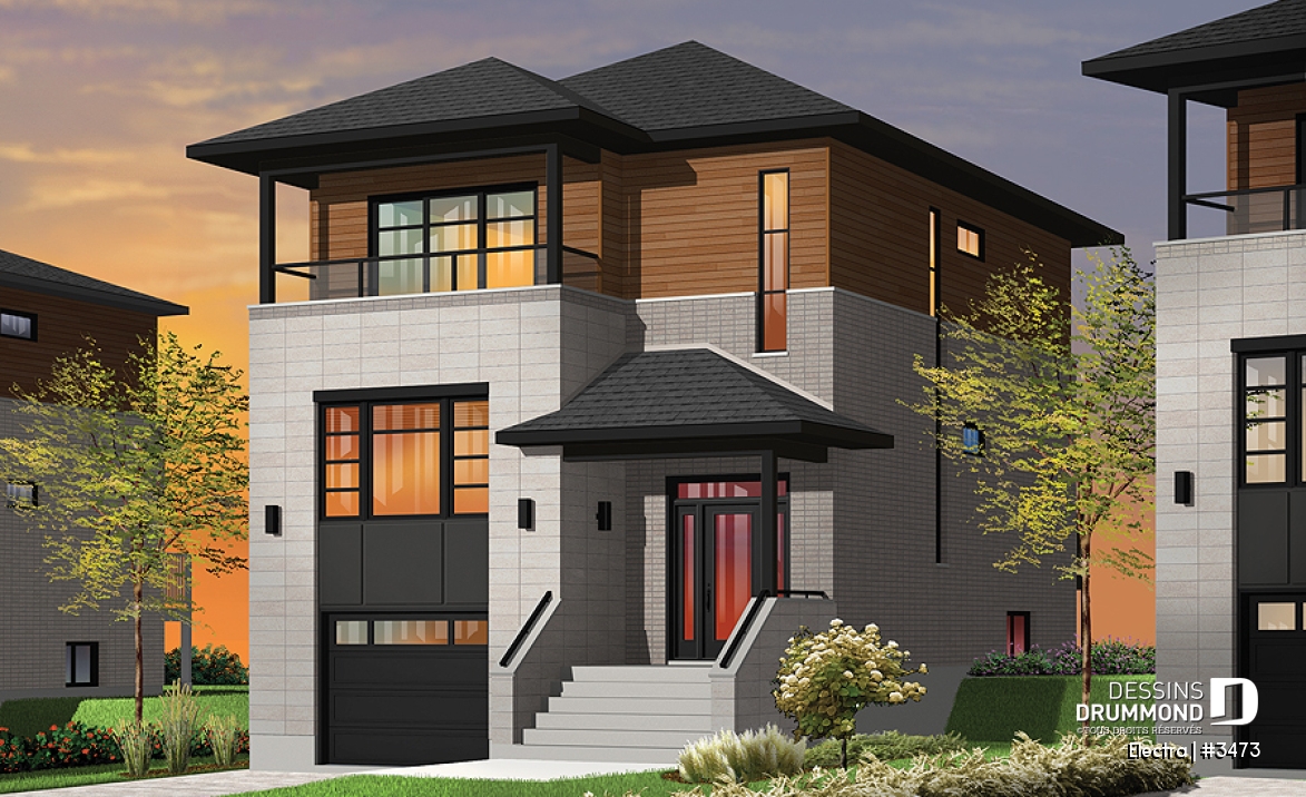 Vue avant - MODÈLE DE BASE - Plan maison de ville 3 chambres, garage, terrain étroit, 2 salles familiales, garde-manger, îlot - Electra