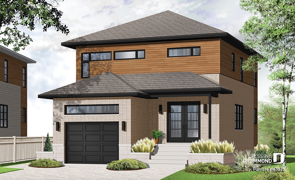 Vue avant - MODÈLE DE BASE - Plan de maison contemporaine, garage, 3 chambres, grande cuisine, superbe chambre parents, terrasse abritée - Patriote