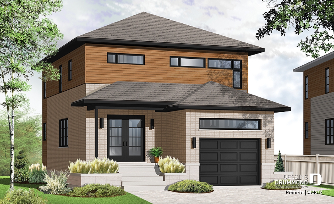 Vue avant - MODÈLE DE BASE - Plan de maison contemporaine, garage, 3 chambres, grande cuisine, superbe chambre parents, terrasse abritée - Patriote