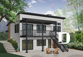 Version couleur no. 1 - Vue arrière - Plan de chalet moderne, possibilité de 4 chambres, terrasse abritée, poêle à bois, vestiaire, rez-de-jardin - Calypso