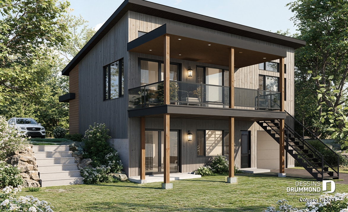 Vue arrière - MODÈLE DE BASE - Plan de chalet moderne, possibilité de 4 chambres, terrasse abritée, poêle à bois, vestiaire, rez-de-jardin - Calypso