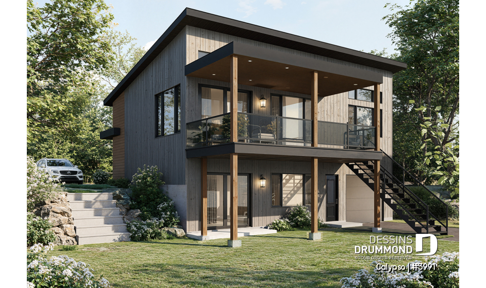 Vue arrière - MODÈLE DE BASE - Plan de chalet moderne, possibilité de 4 chambres, terrasse abritée, poêle à bois, vestiaire, rez-de-jardin - Calypso