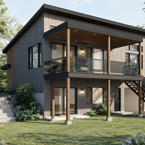 Vue arrière - MODÈLE DE BASE - Plan de chalet moderne, possibilité de 4 chambres, terrasse abritée, poêle à bois, vestiaire, rez-de-jardin - Calypso